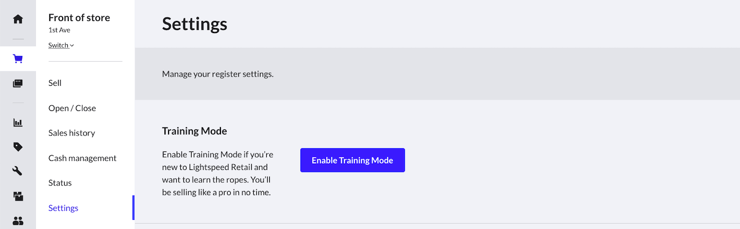 De pagina Instellingen met het gedeelte Trainingsmodus en de knop Trainingsmodus inschakelen.