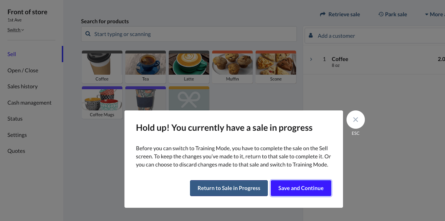 Fenêtre contextuelle indiquant qu’une vente est en cours, avec les choix Return to Sale in Progress (retourner à la vente en cours) pour terminer la vente ou Save and Continue (enregistrer et continuer) pour passer au mode formation