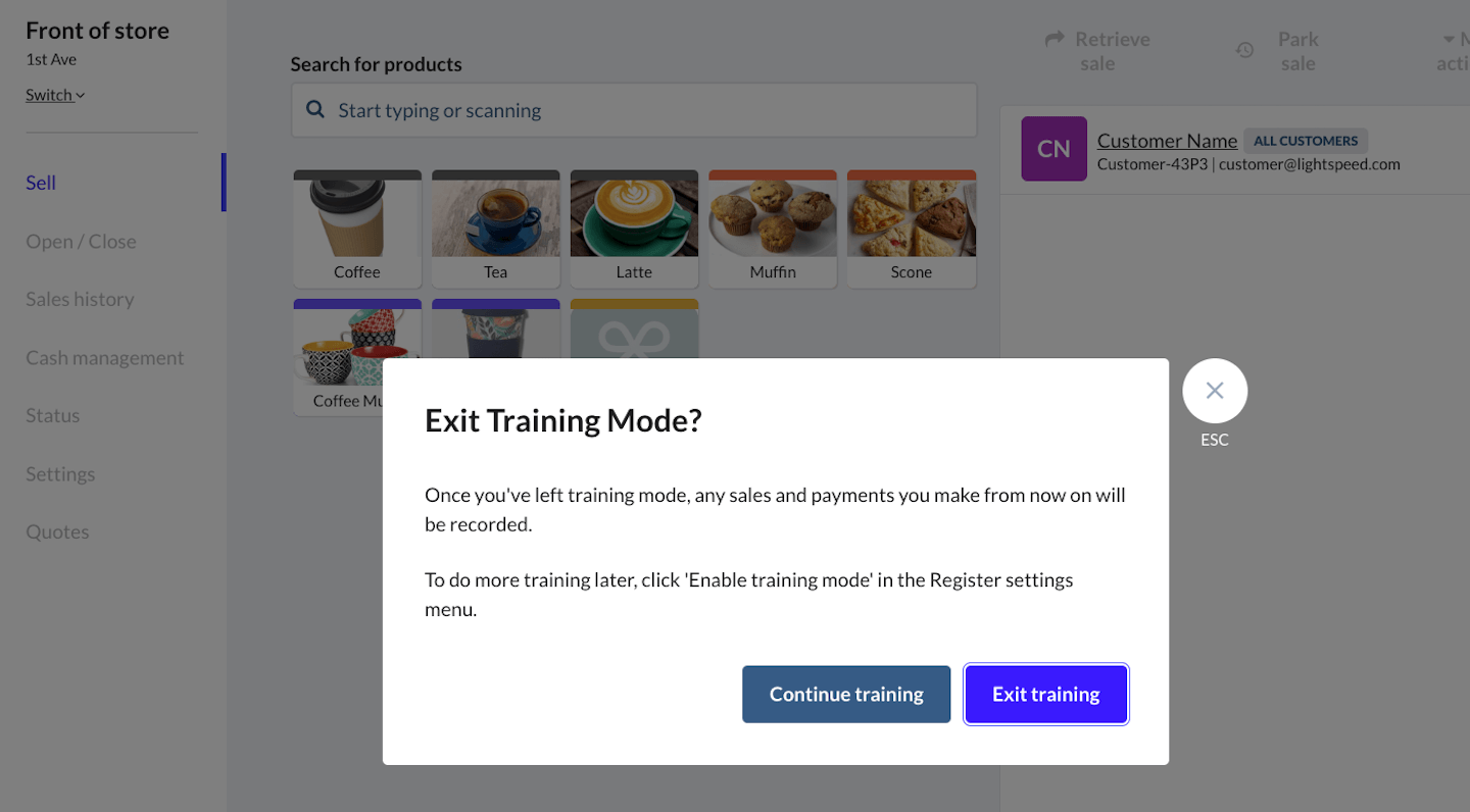 Fenêtre contextuelle Exit Training Mode (quitter le mode formation) avec les options Continue training (continuer la formation) et Exit training (quitter la formation)