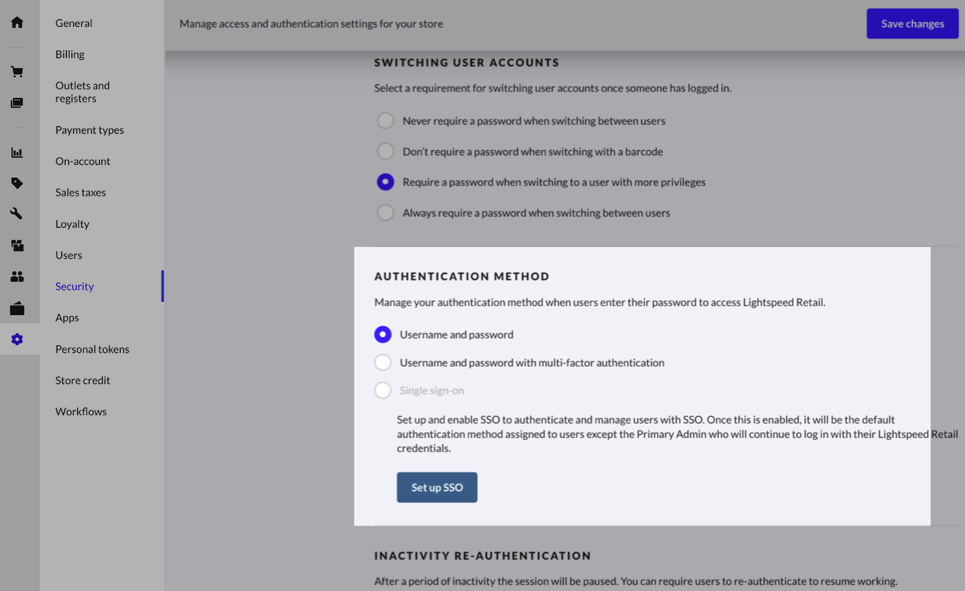 Set up SSO button on the Security page.