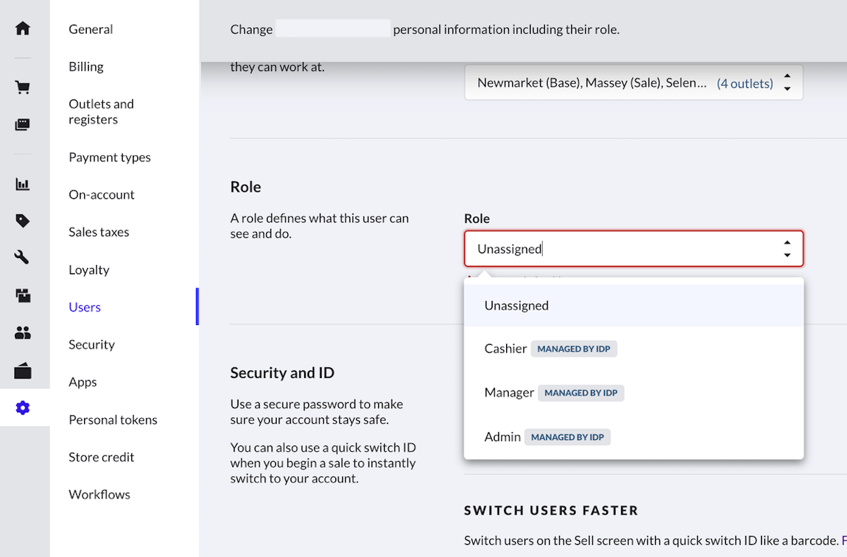 Role assignment dropdown.