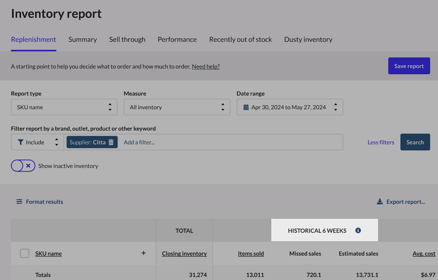 Inventory report showing the Glossary icon.