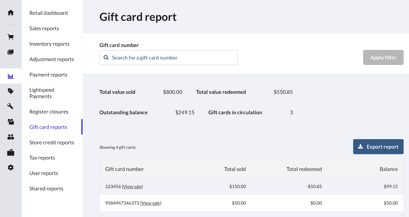 Gift card reporting showing the Export report button.