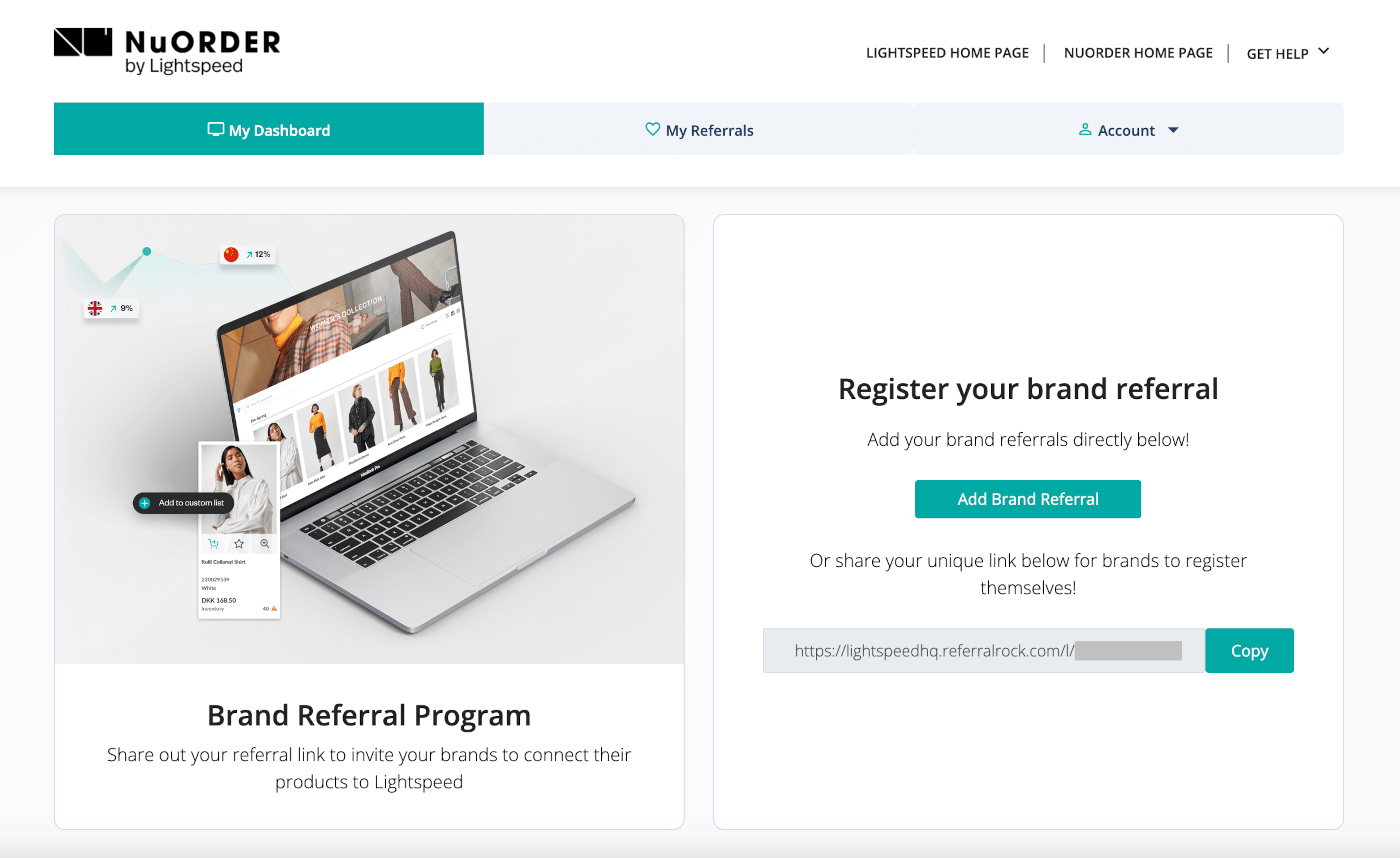 Main page of the NuORDER referral dashboard.