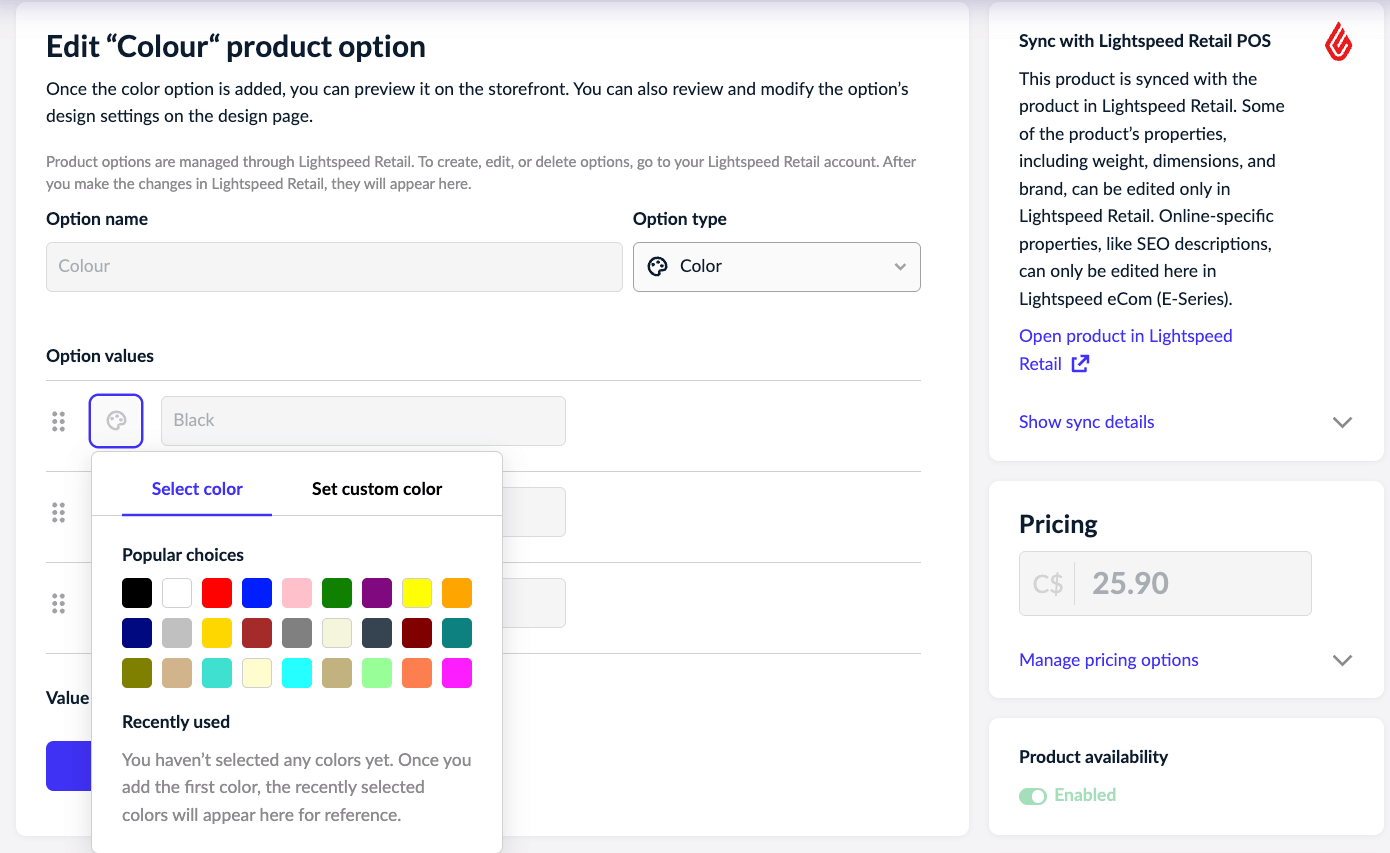 Options d’une variante de produit avec les couleurs offertes.