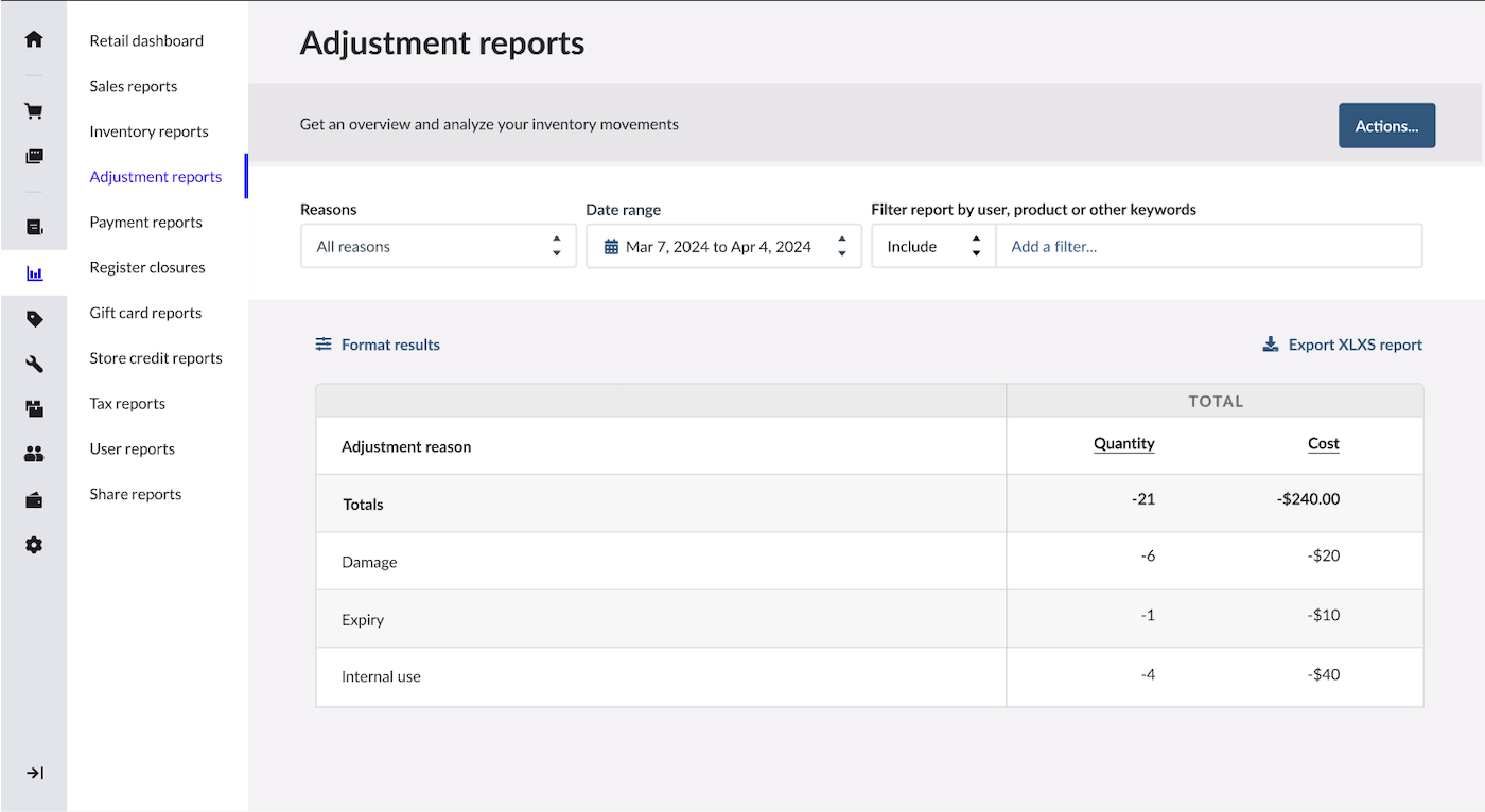 Page Rapport sur les ajustements.