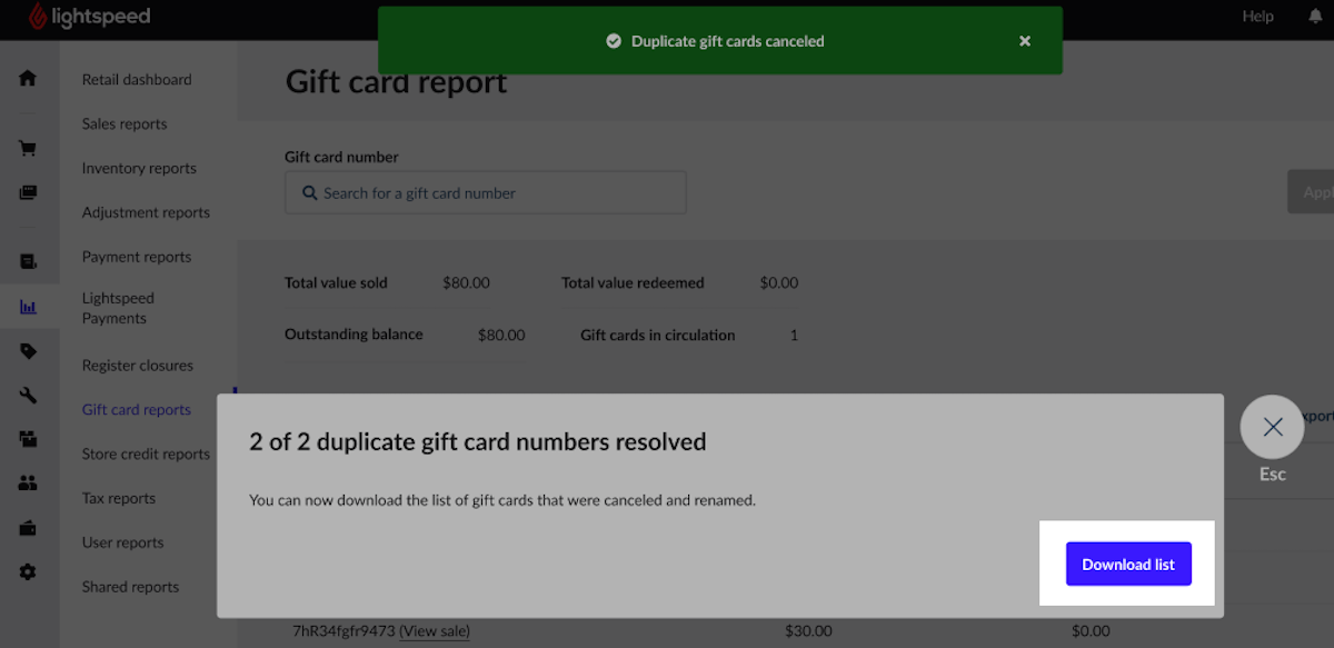 The gift card management modal states '2 of 2 duplicate gift card numbers resolved' with the 'Download' list button highlighted.