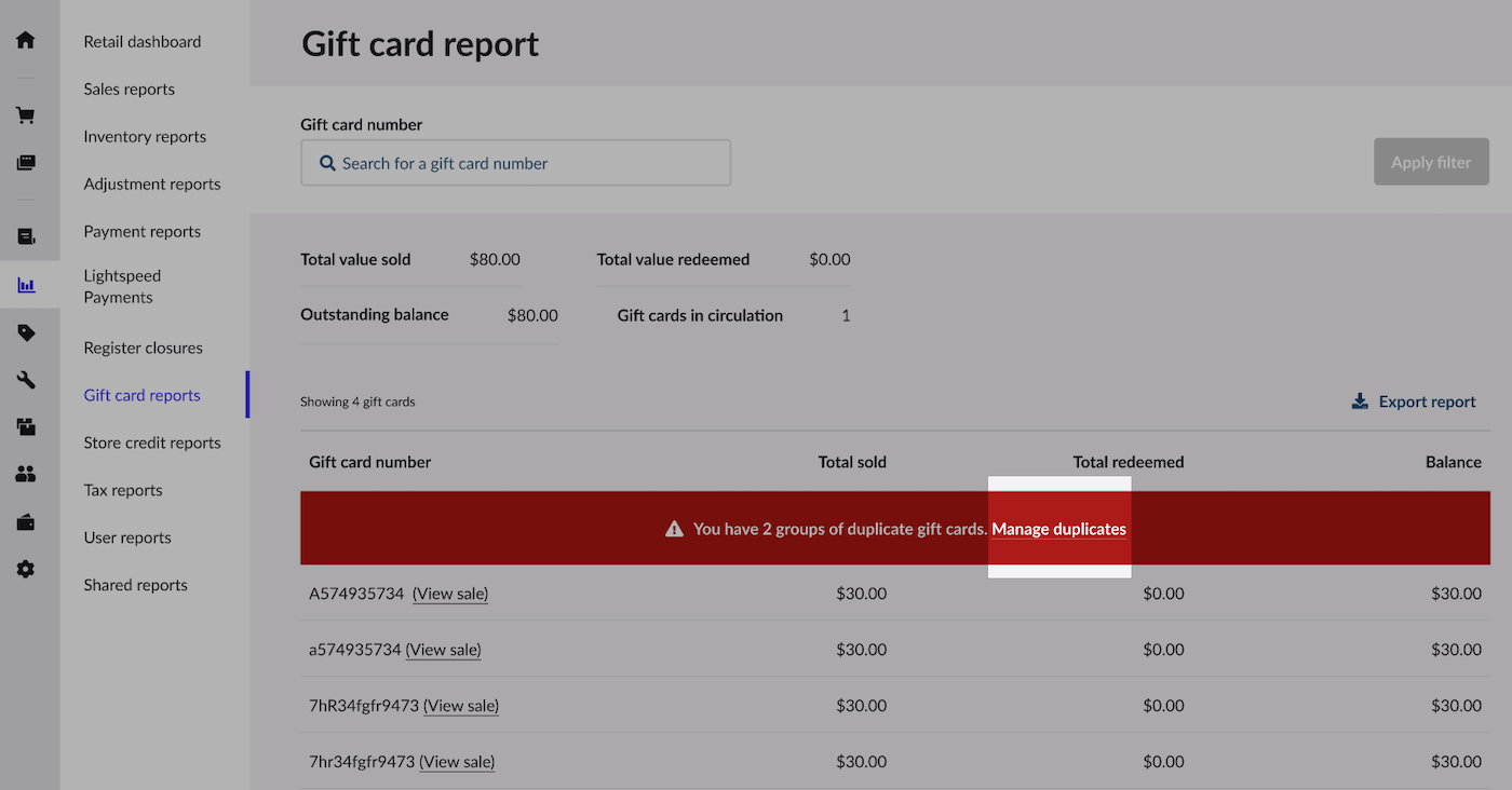 On the Gift card report page, the 'Manage duplicates' link is highlighted in a warning banner.