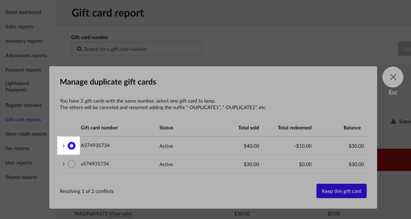 The modal to manage duplicate gift cards lists two cards, each with a dropdown for details, with one card checkbox selected to keep.