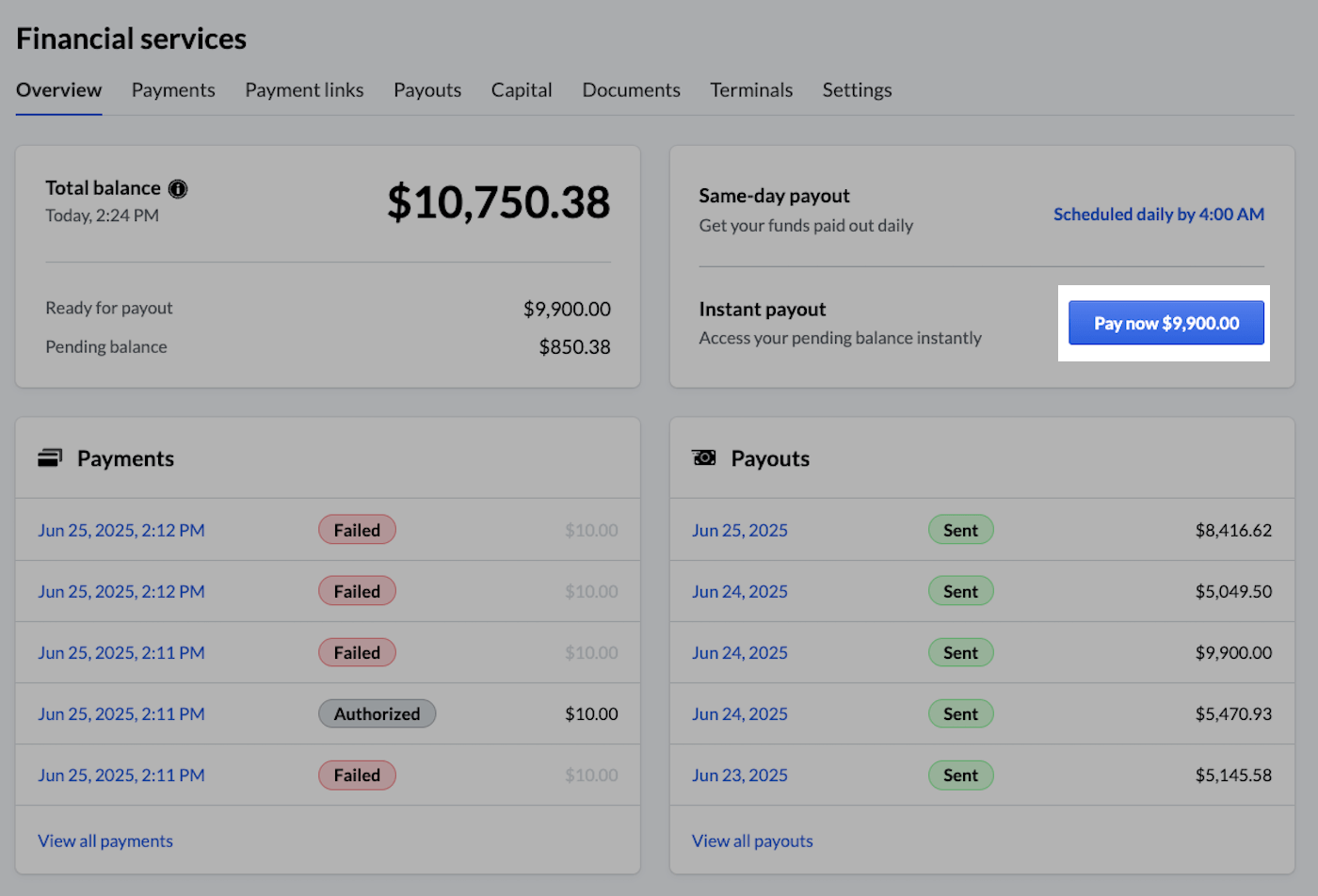 Financial services page with Pay now button highlighted.