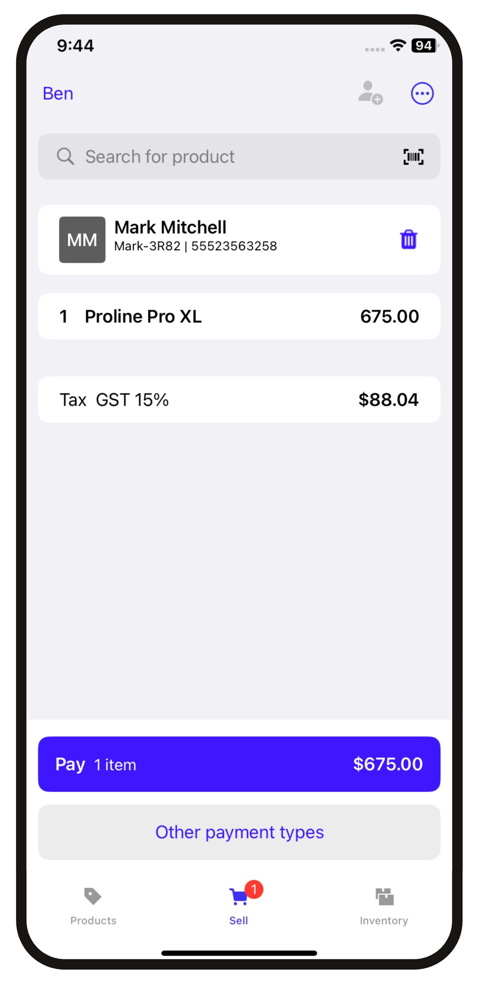 Screen displaying a setup sale including products and customer, with options for paying via Tap to Pay and other payment types.