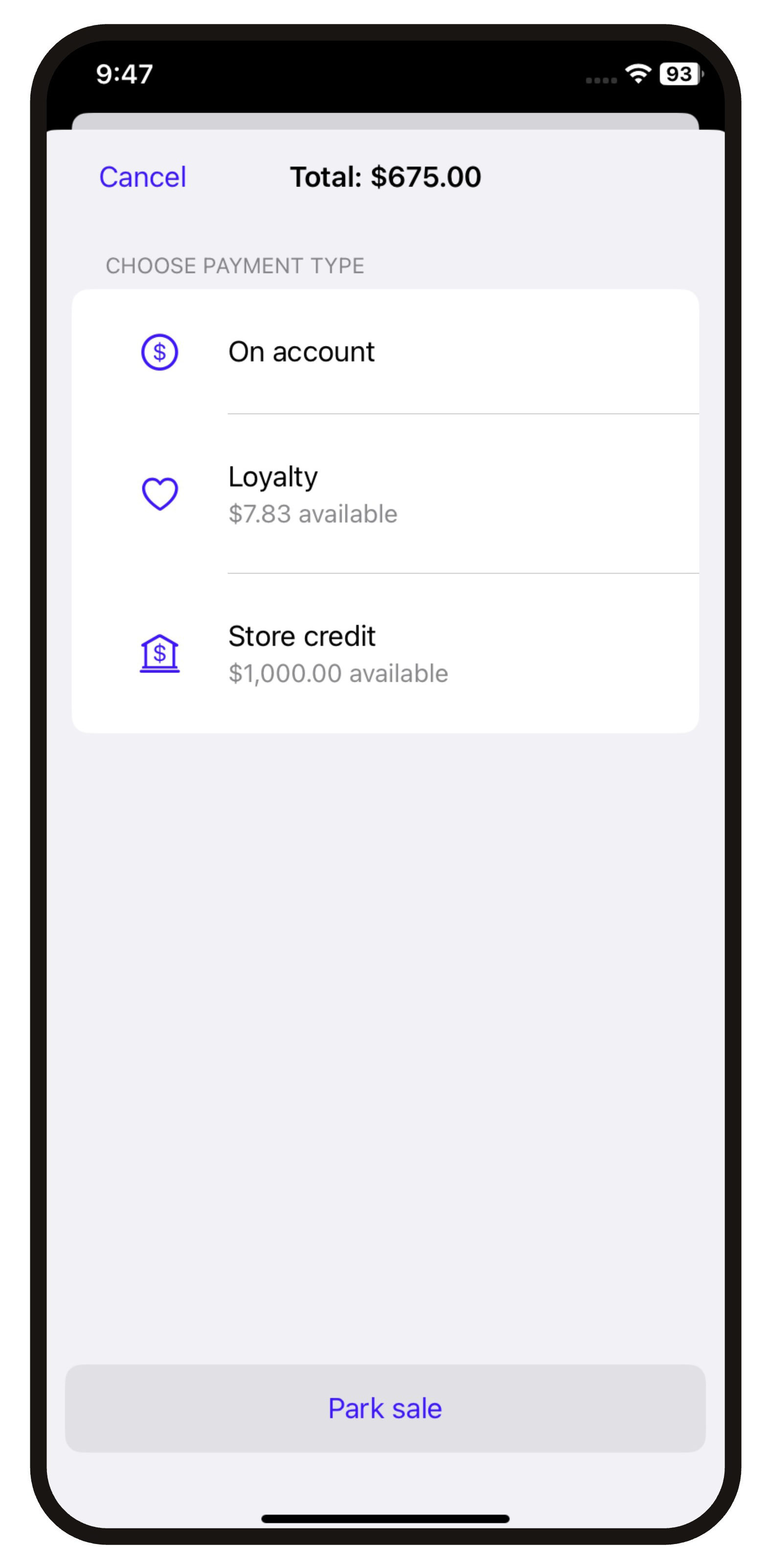Screen displaying the available other payment types including relevant balances.