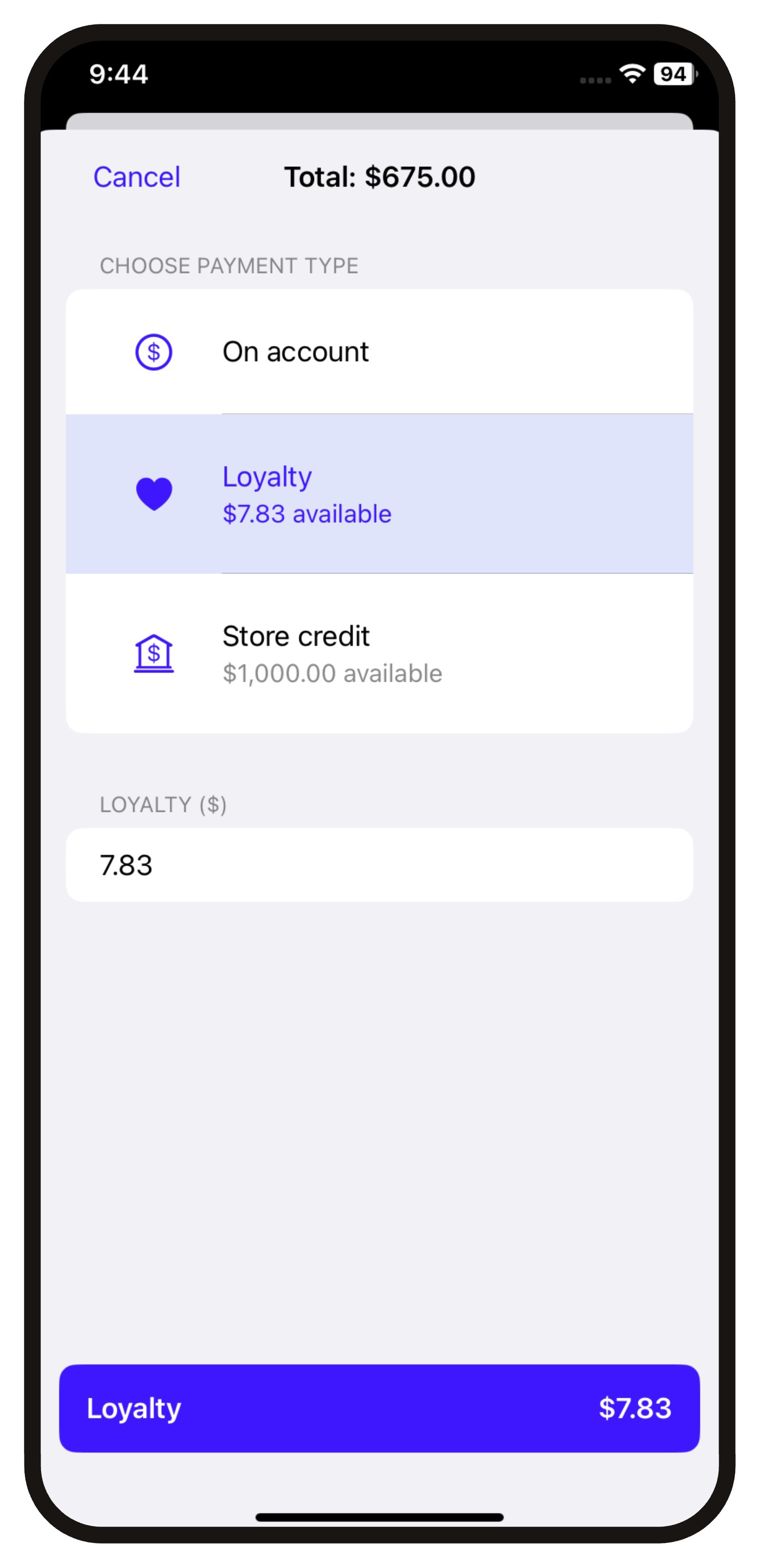Choose payment type on Scanner app with Loyalty and store credit options.