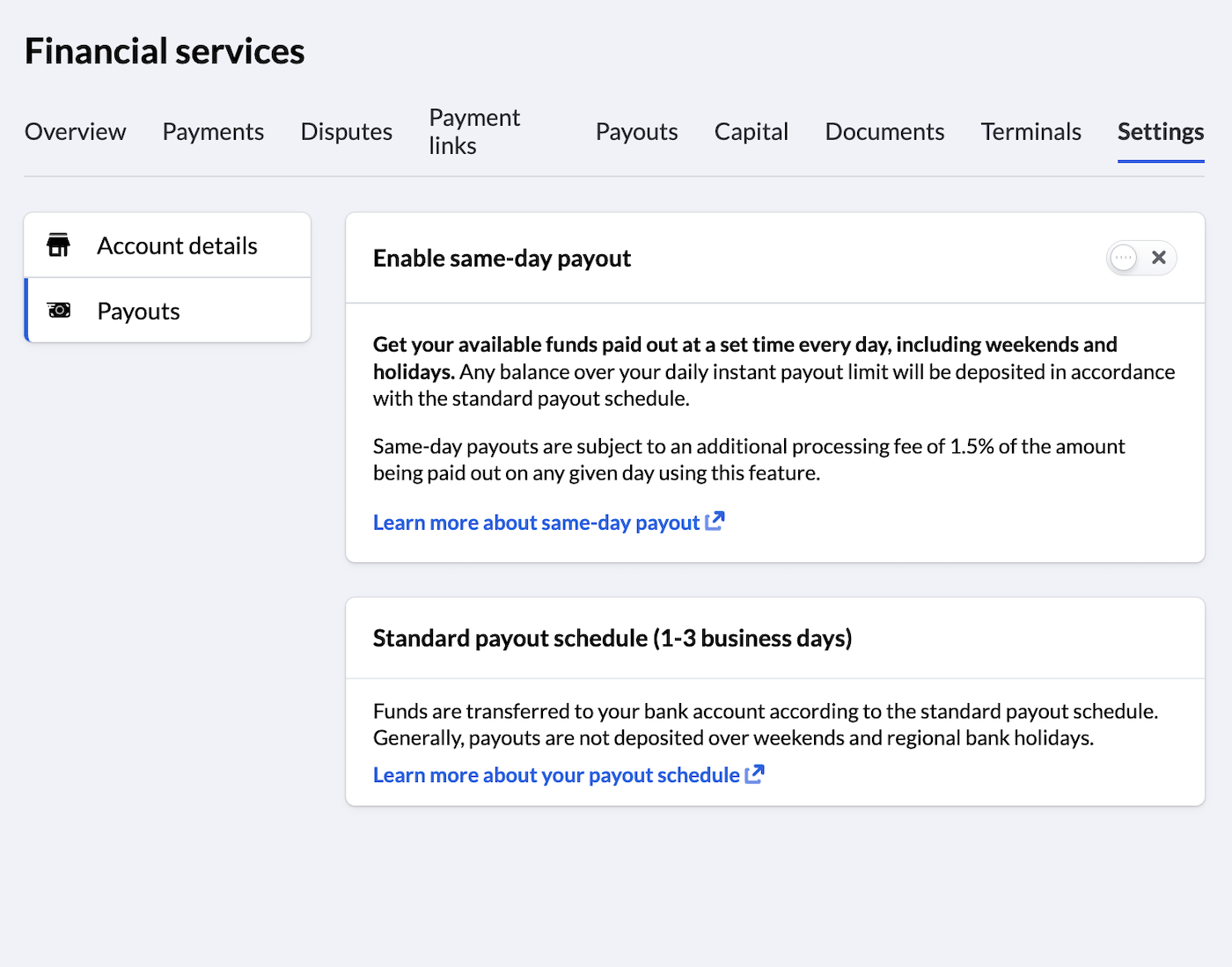Section Versements des paramètres de Gestion financière, sur laquelle on voit un bouton bascule permettant d’activer les versements le jour même.