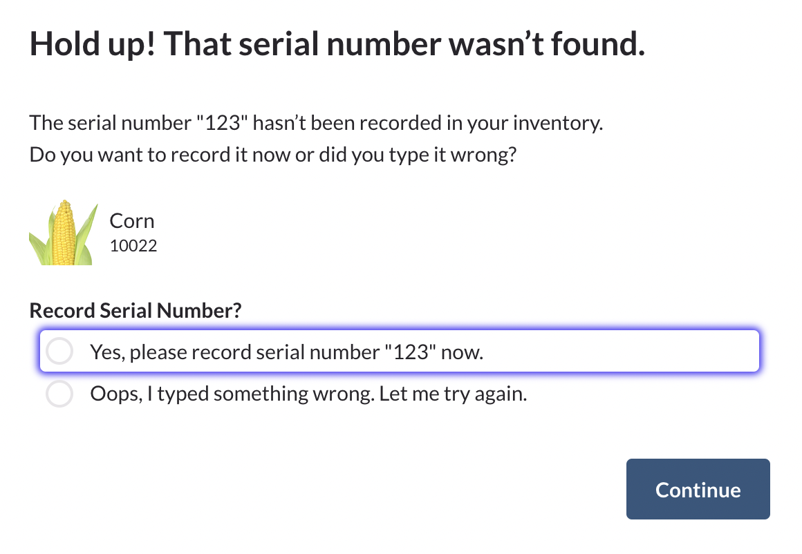 Pop-upvenster waarin wordt aangegeven dat het serienummer niet is gevonden met de opties om een nieuw serienummer te registreren of het serienummer opnieuw in te voeren.