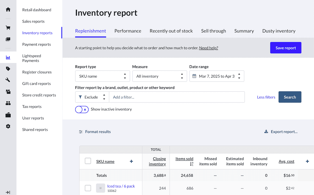 'Replenishment' is selected on the Inventory reports page, displaying report type, measure, and date range, with filter options.