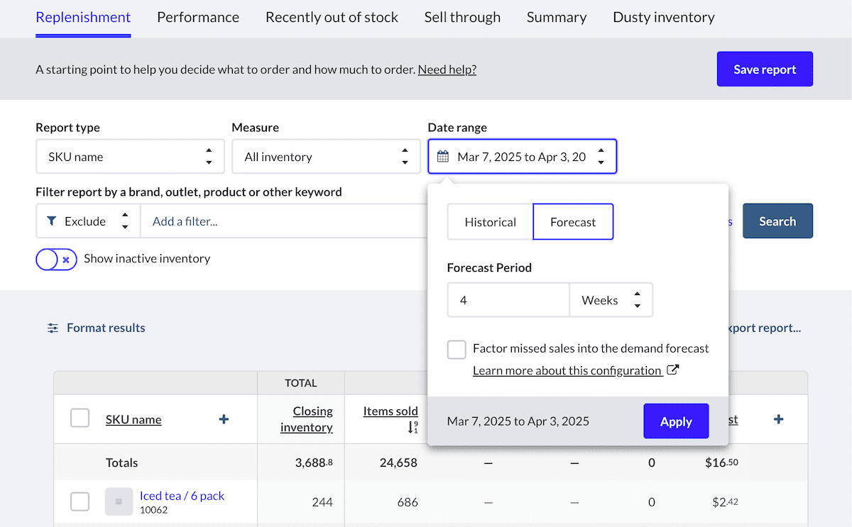 'Date range' dropdown menu displaying 'Historical' and 'Forecast' options, and a 'Forecast Period' customizable setting on the Inventory report page.