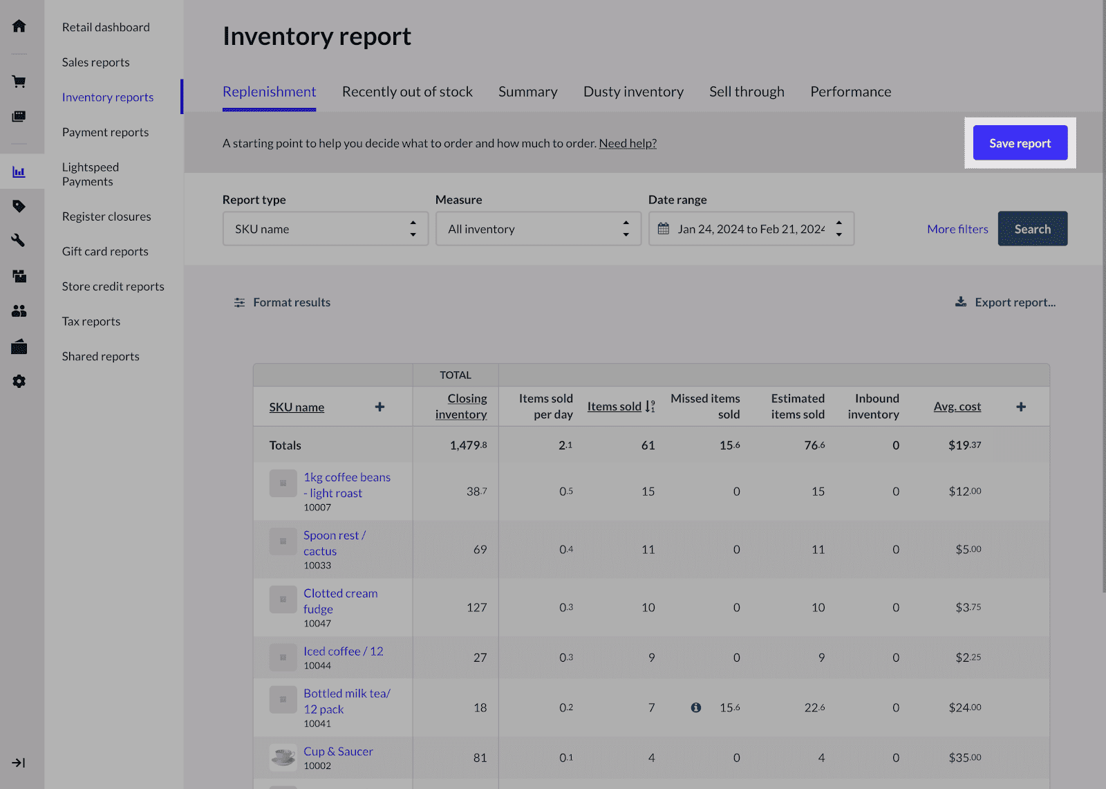 Inventory report page with save report button highlighted.