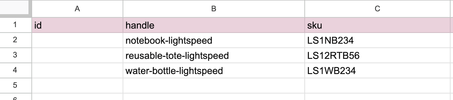 De spreadsheet om producten te importeren met de kolommen ID, Handle (Sleutel) en SKU.
