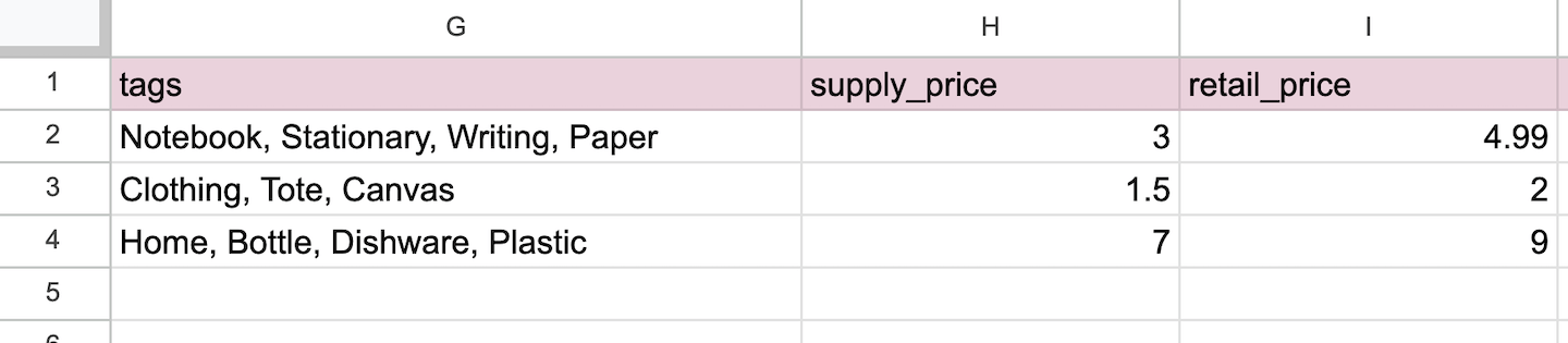 De spreadsheet om producten te importeren met de kolommen Tags, Supply_price (Leveranciersprijs) en Retail_price (Verkoopprijs).