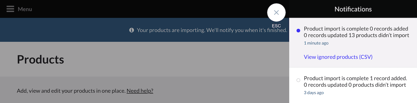 Meldingenvenster met een import waarvoor de producten niet zijn geïmporteerd, met de optie om genegeerde producten te bekijken en het CSV-bestand te downloaden, en een andere import waarvoor producten zonder fouten zijn geïmporteerd.