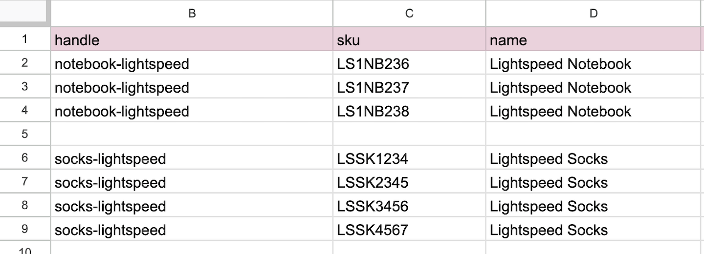 De spreadsheet om producten te importeren met de kolommen Handle (Sleutel), SKU en Name (Naam) voor variantproducten.
