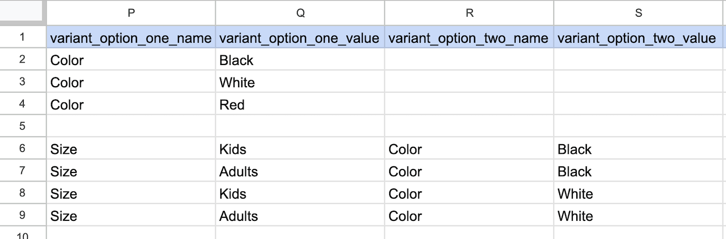 De spreadsheet om producten te importeren met de kolommen Variant option one name (Variantoptie één naam), Variant option one value (Variantoptie één waarde), Variant option two name (Variantoptie twee naam) en Variant option two value (Variantoptie twee waarde).