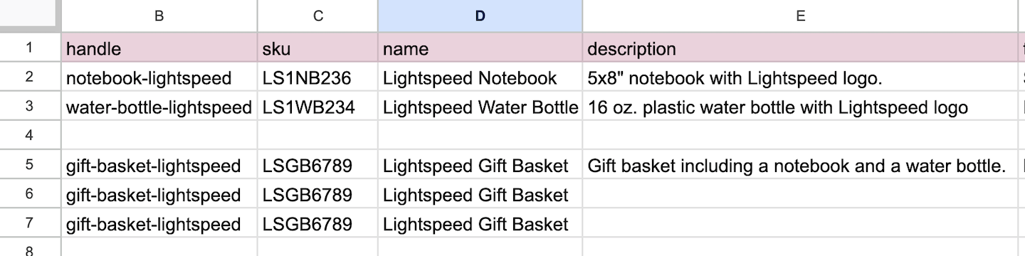 De spreadsheet om producten te importeren met de kolommen Handle (Sleutel), SKU, Name (Naam) en Description (Beschrijving) voor een samengesteld product.