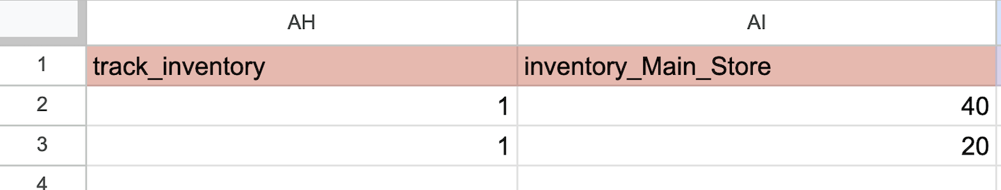 De spreadsheet om producten te importeren met de kolommen Track inventory (Voorraad volgen) en Inventory count (Voorraadtelling) voor de hoofdwinkel.