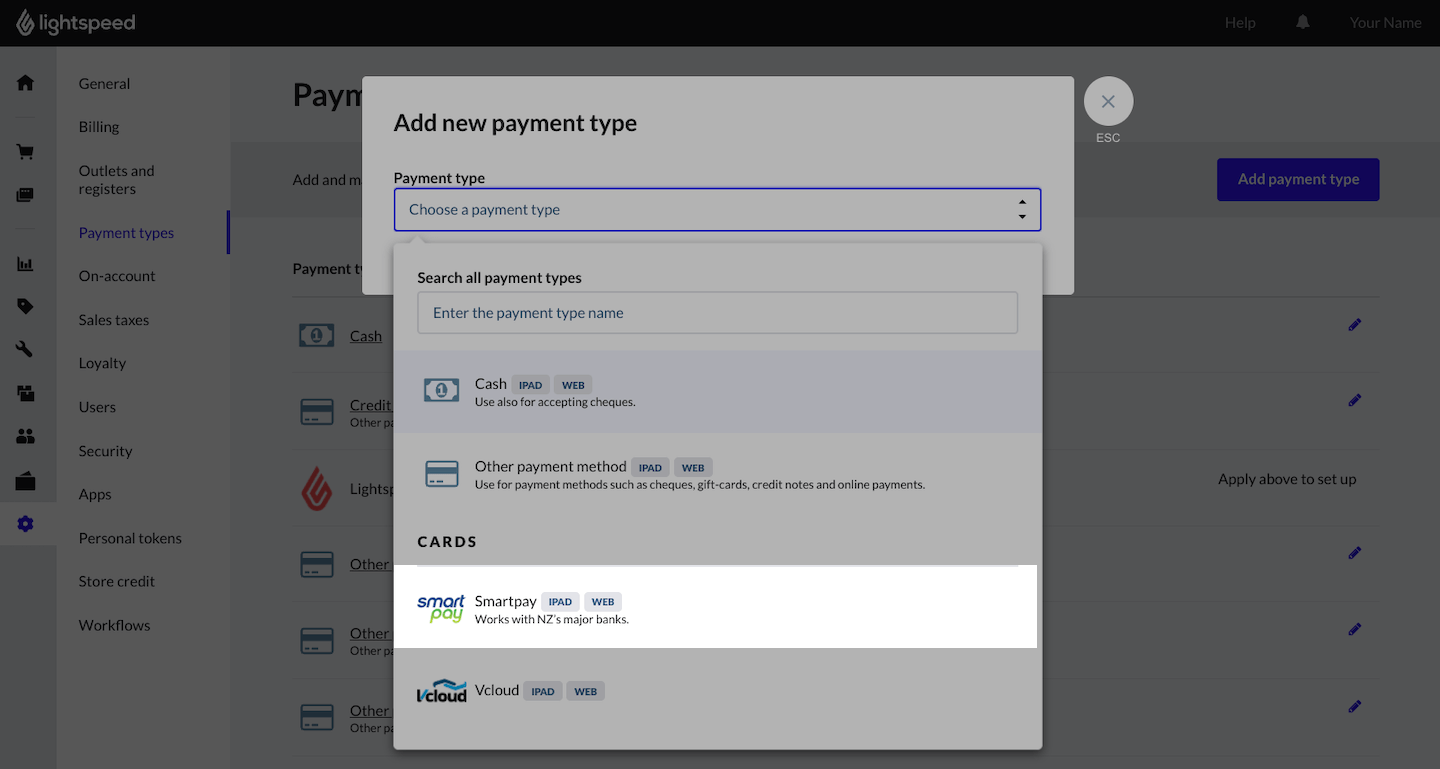 Add new payment type pop-up with Smartpay option emphasized.