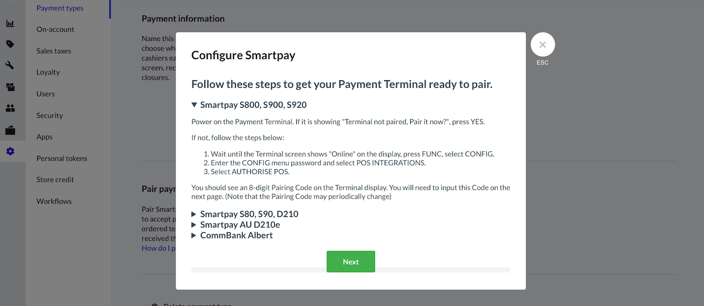 Configure Smartpay pop-up with instructions shown for Smartpay S800, S900, S920 terminal.