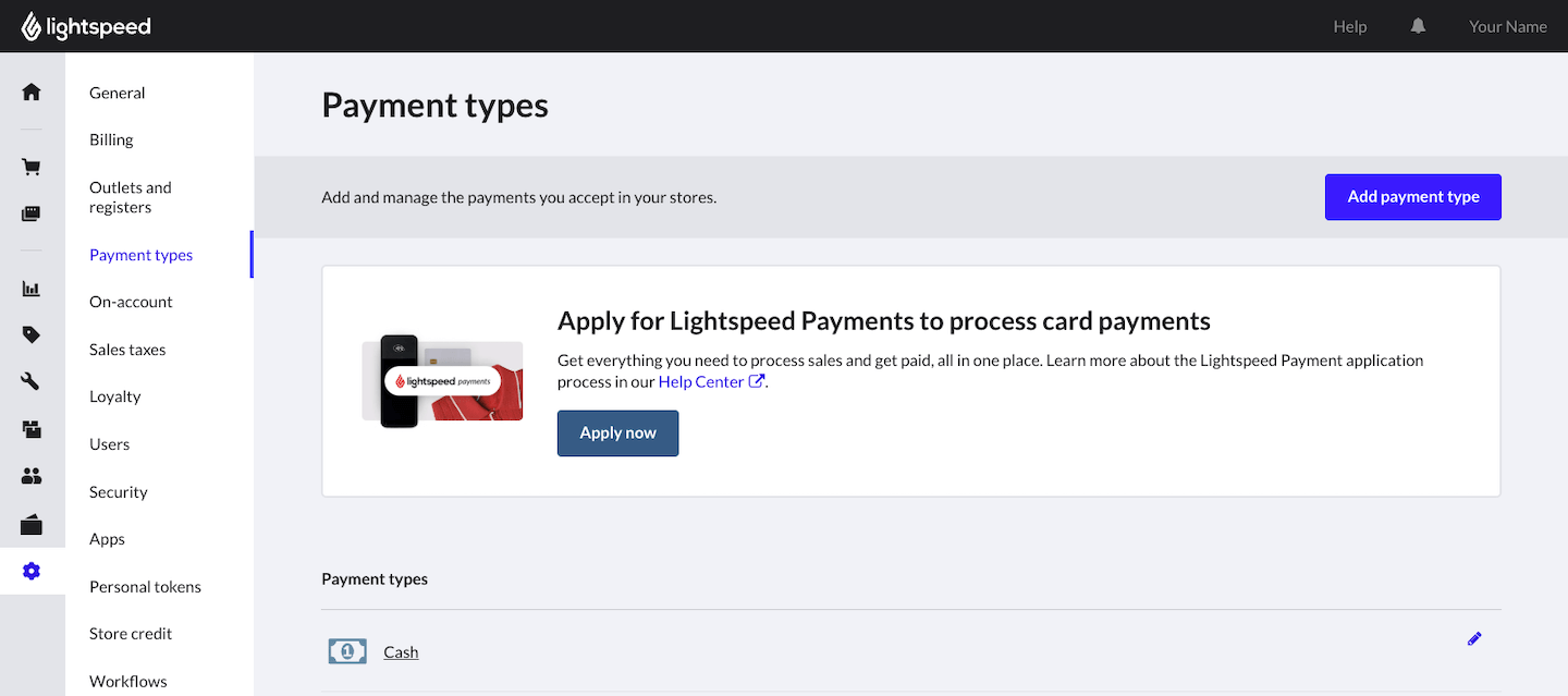 Payment types page showing Add payment type button.