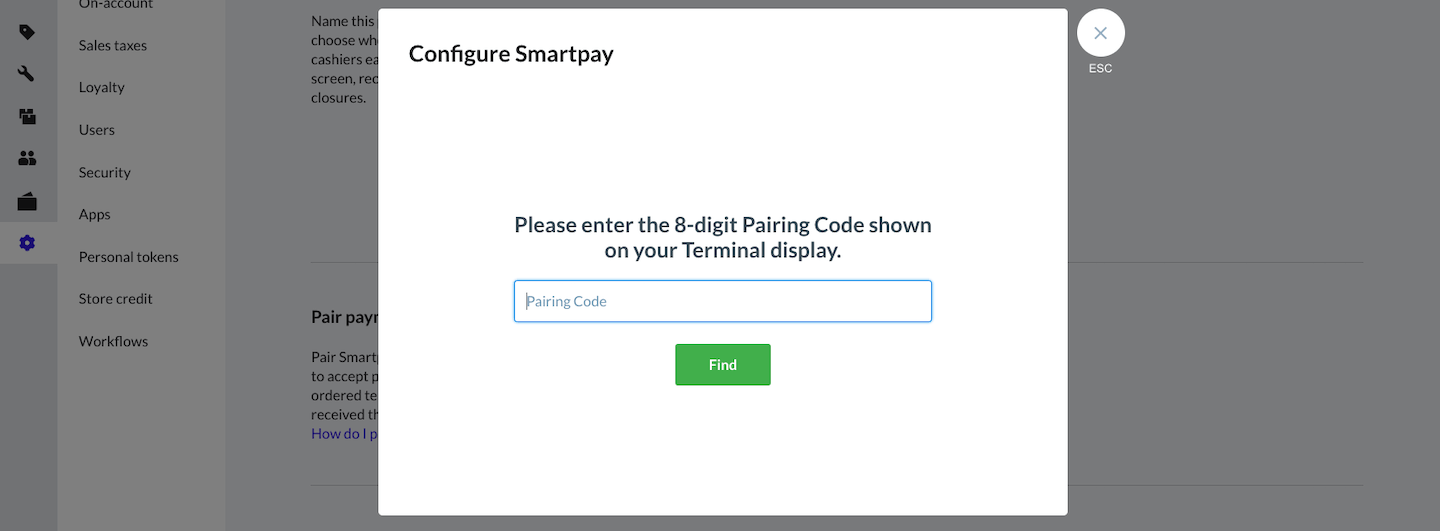 Pop-up window showing request for eight-digit pairing code.
