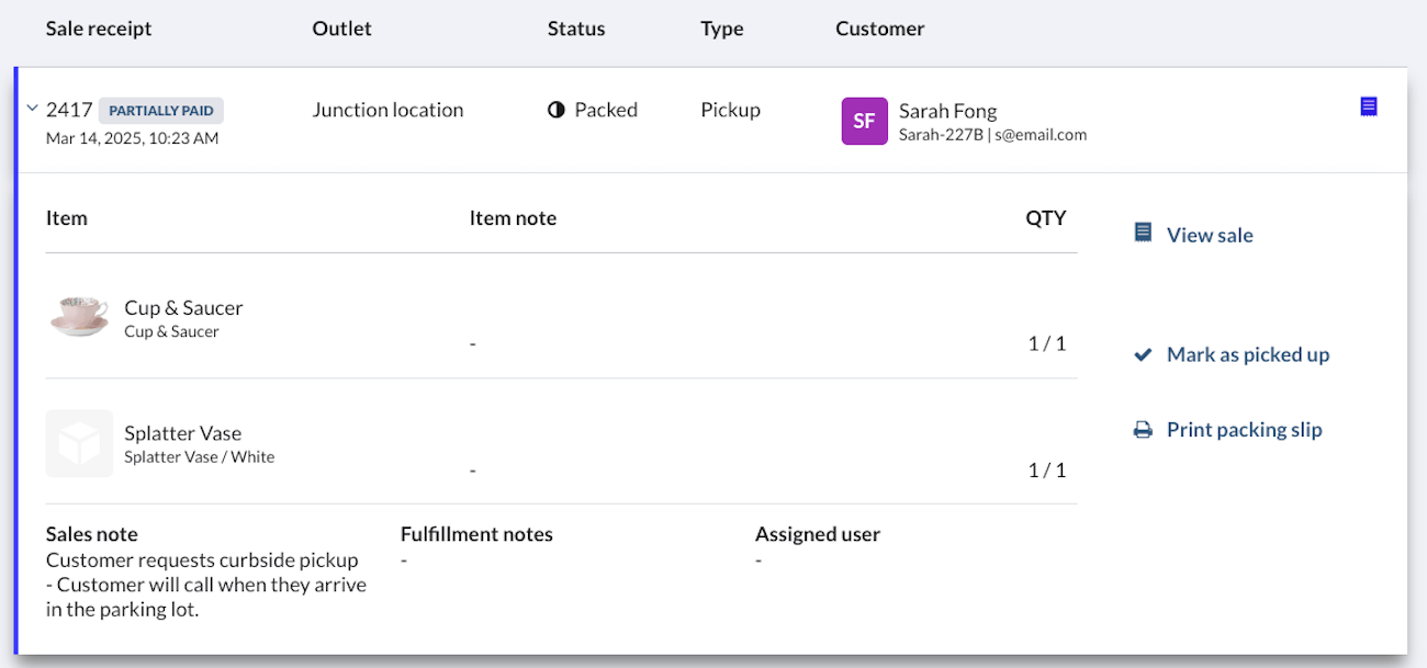 Vente agrandie sur la page Traitement des commandes. On peut y voir les indicateurs Article, Quantité, Note sur la vente, Notes sur la commande et Utilisateur attribué.