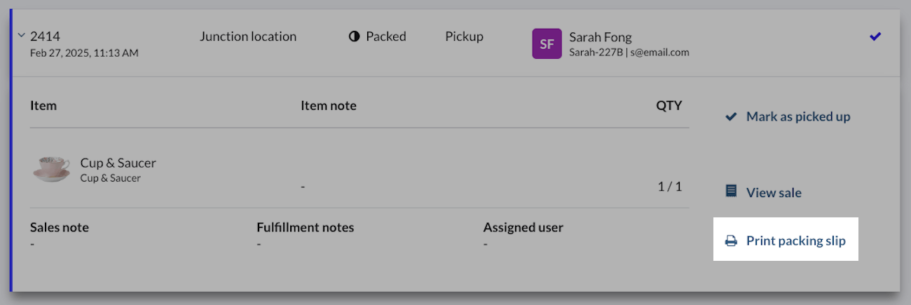 Page de vente incomplète sur laquelle le bouton Imprimer le bordereau d’expédition est mis en évidence.