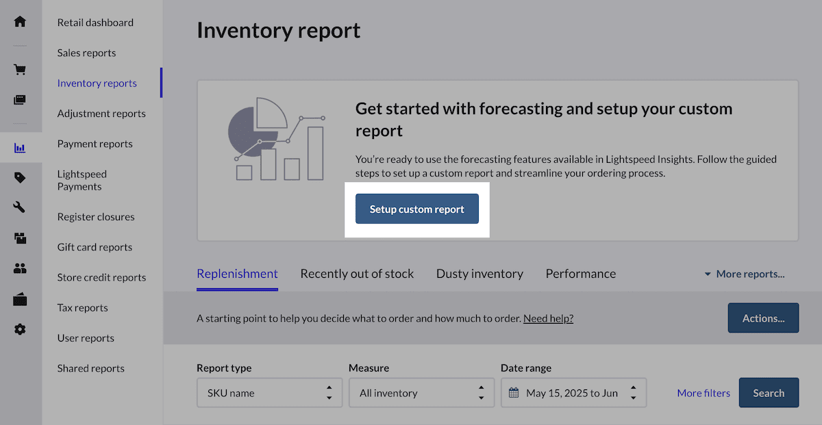 Setup custom report button to start the guided workflow to setup forecasting reports.