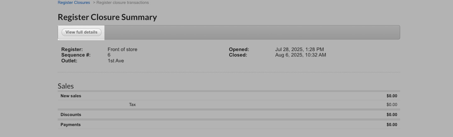 Register Closure Summary page with View full details button emphasized.
