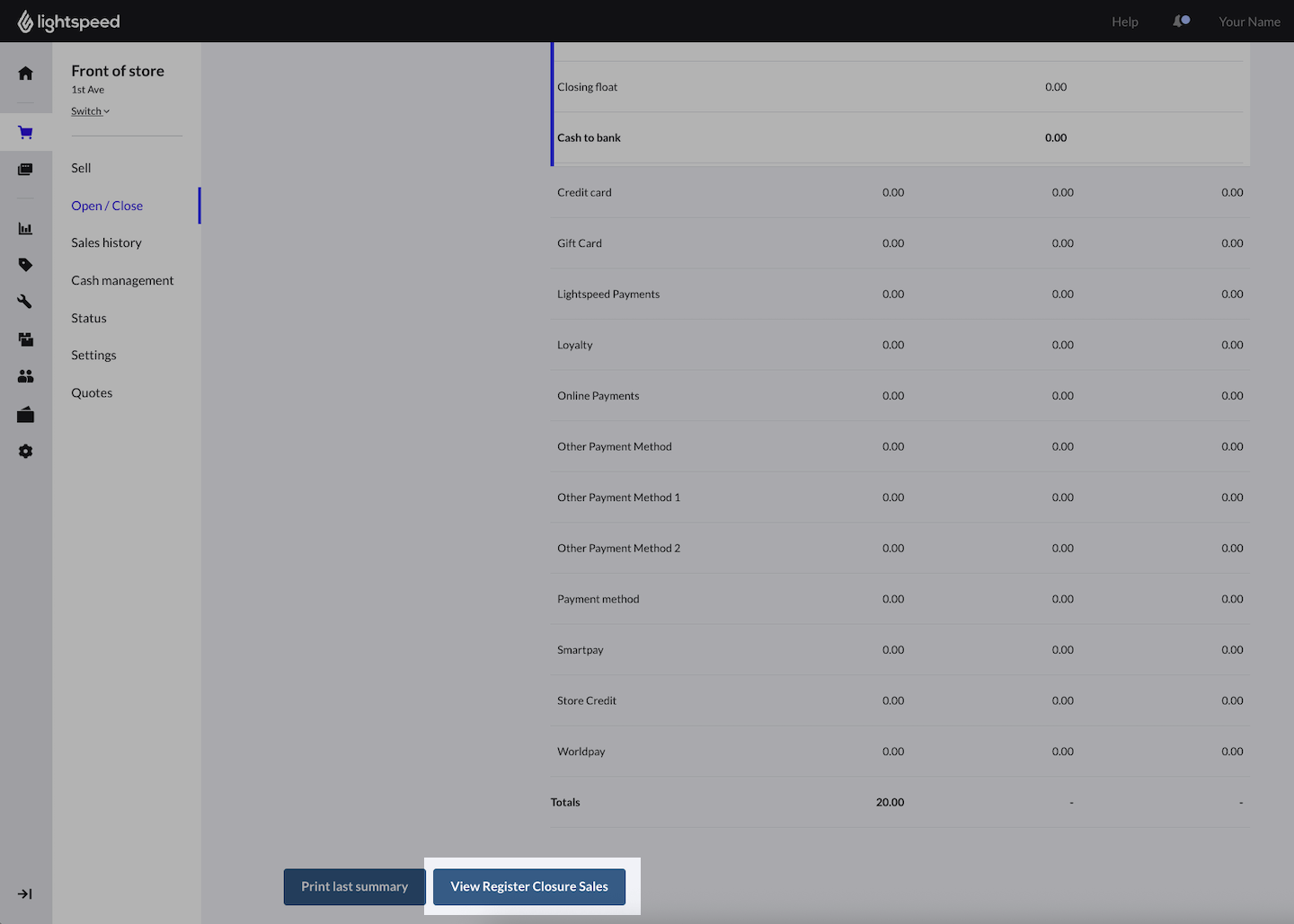 Closed register page with View Register Closure Sales emphasized.