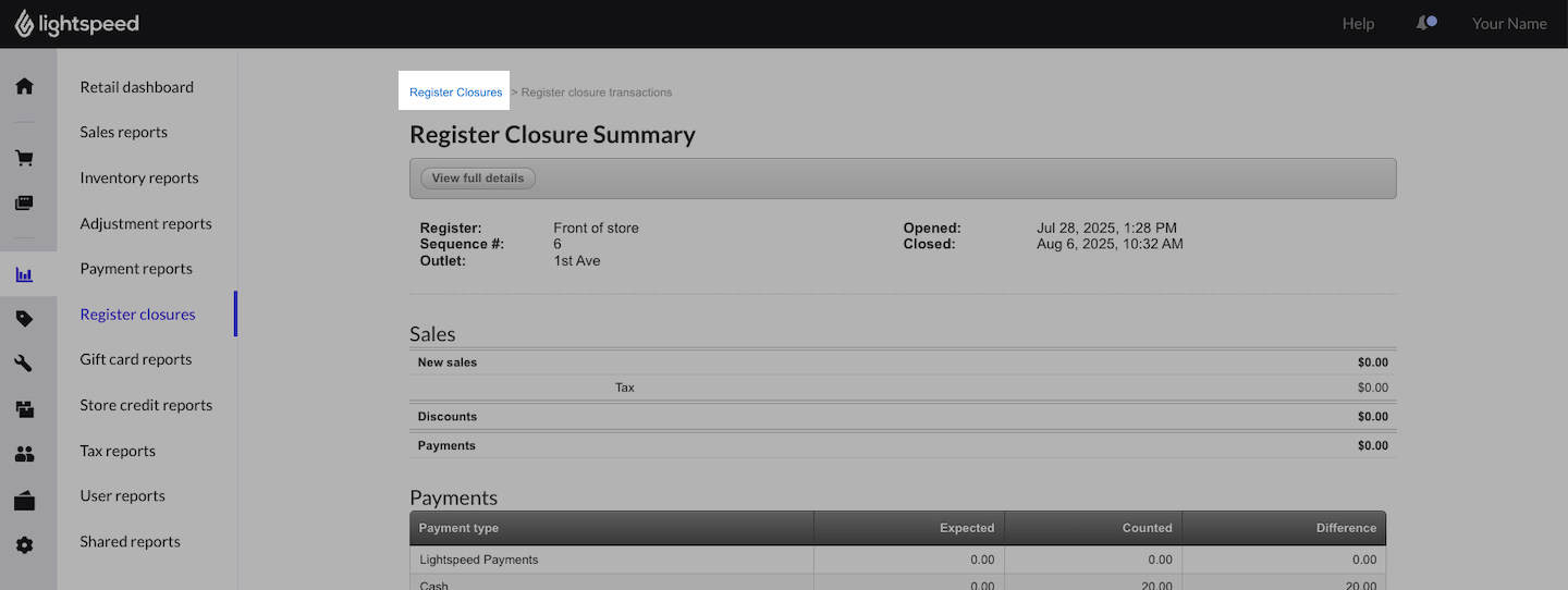 Register Closure Summary page with Register Closures emphasized.