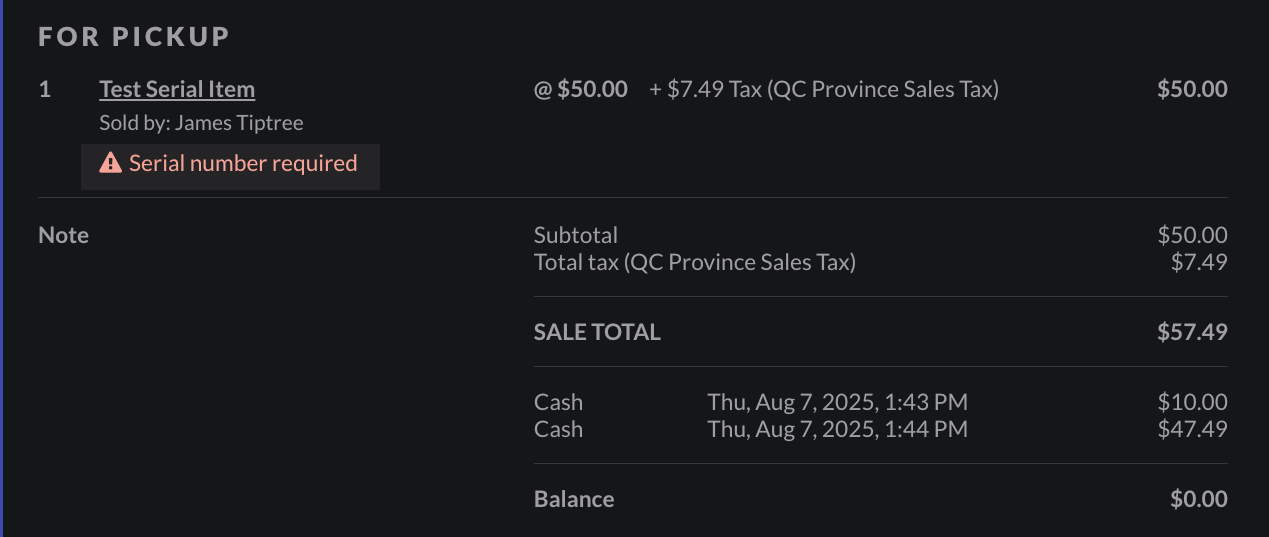 A serialized item showing the Serial number required warning.