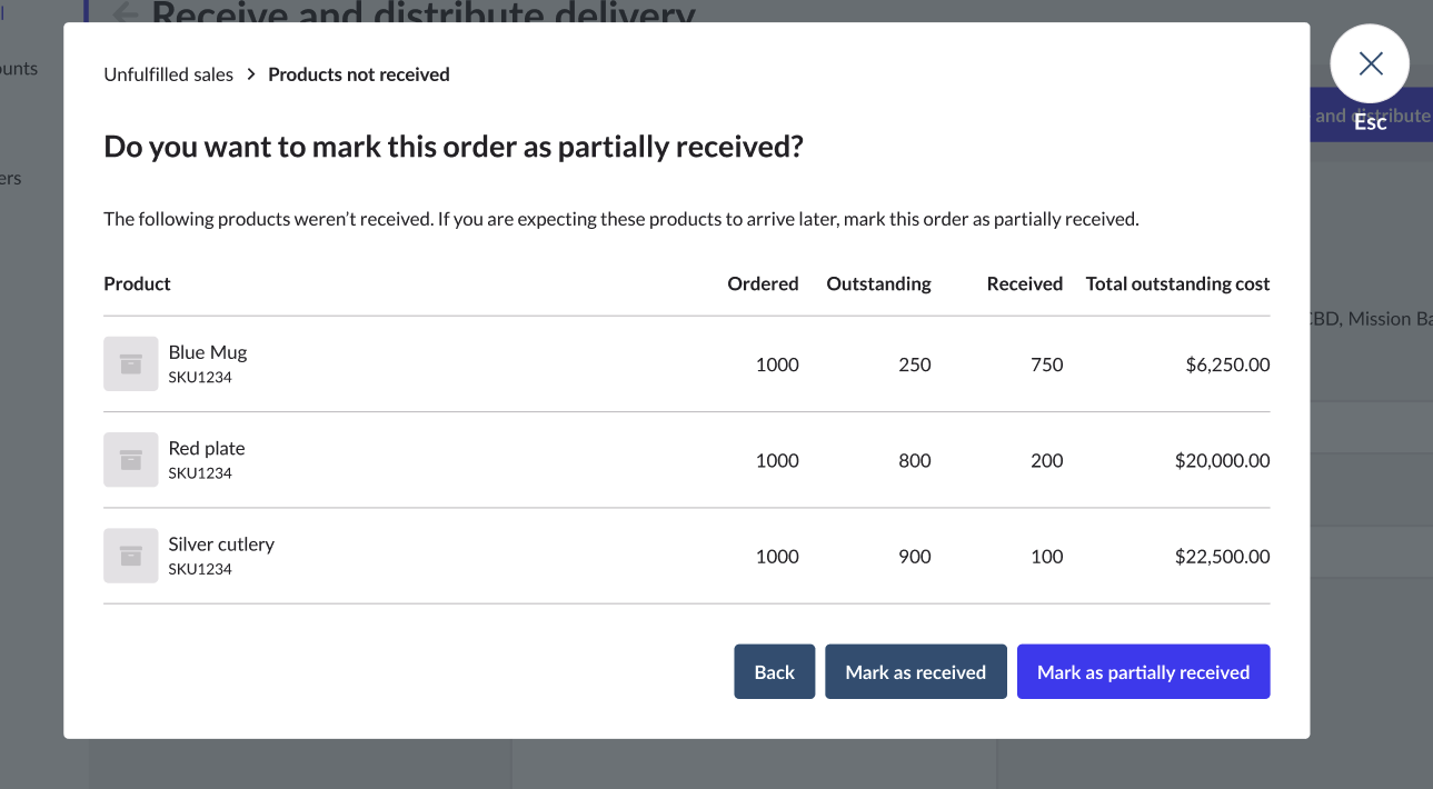 Marquez les commandes comme partiellement réceptionnées.