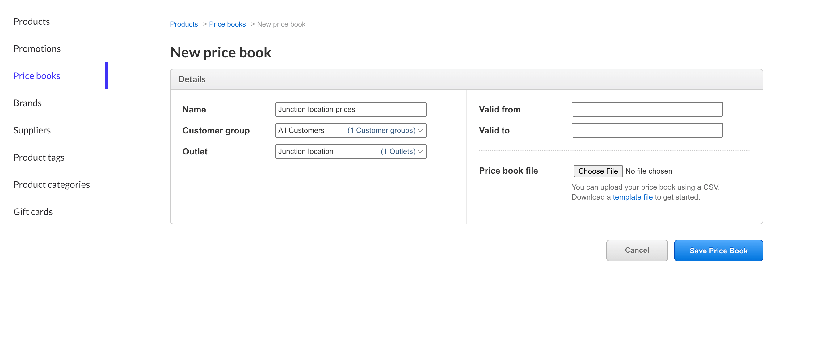 Create new price book page with fields to fill out name, location, and customer group