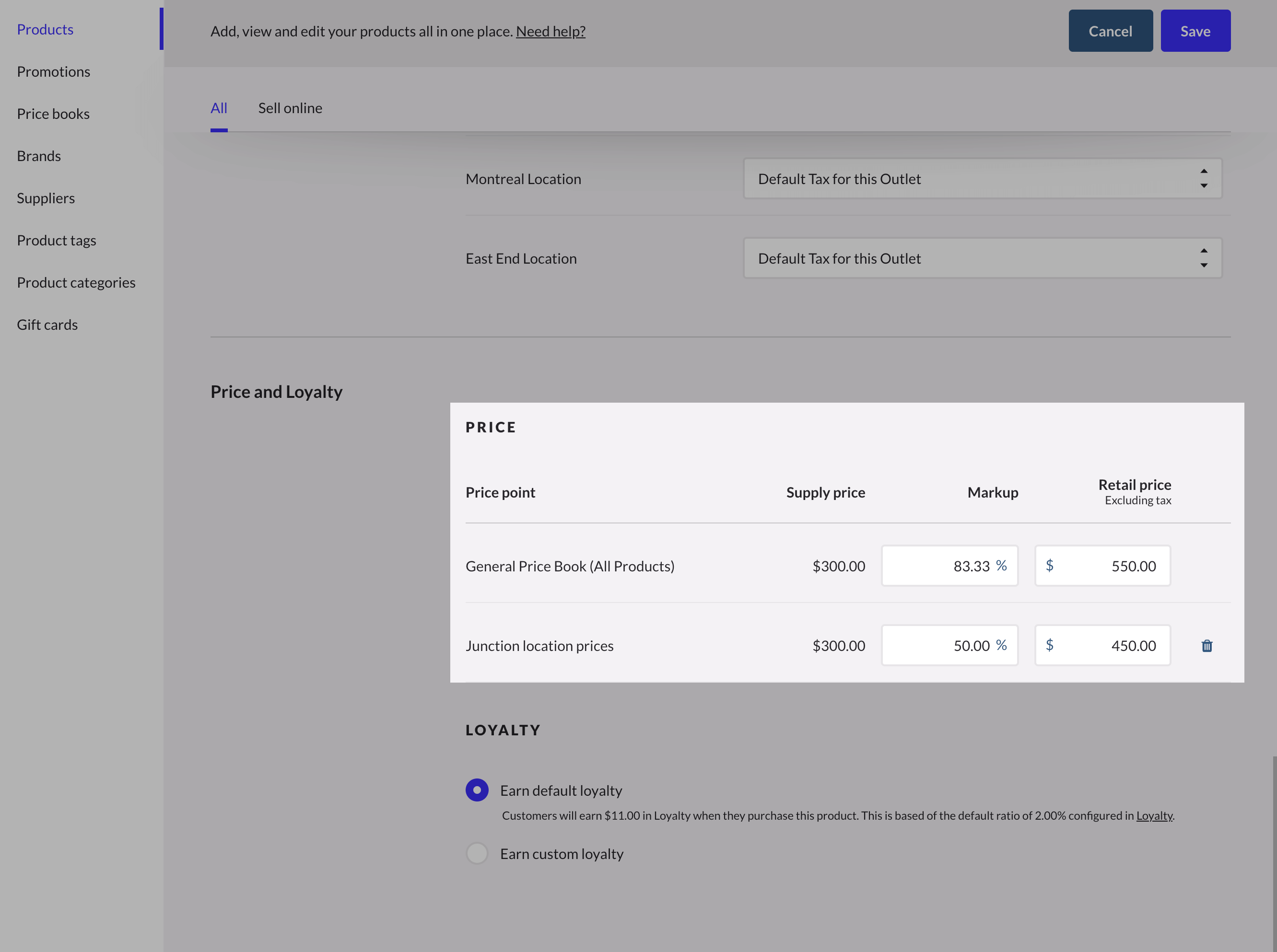 Price and loyalty section of the edit product page with price points highlighted.
