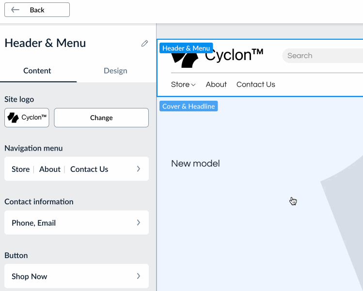 Customizing Instant Site header content