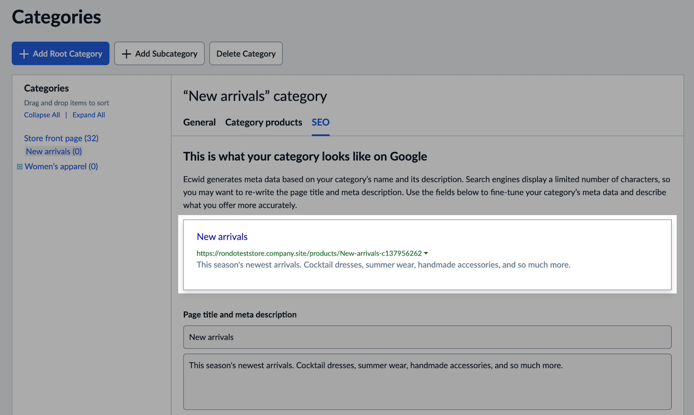 Preview of Google meta tags.