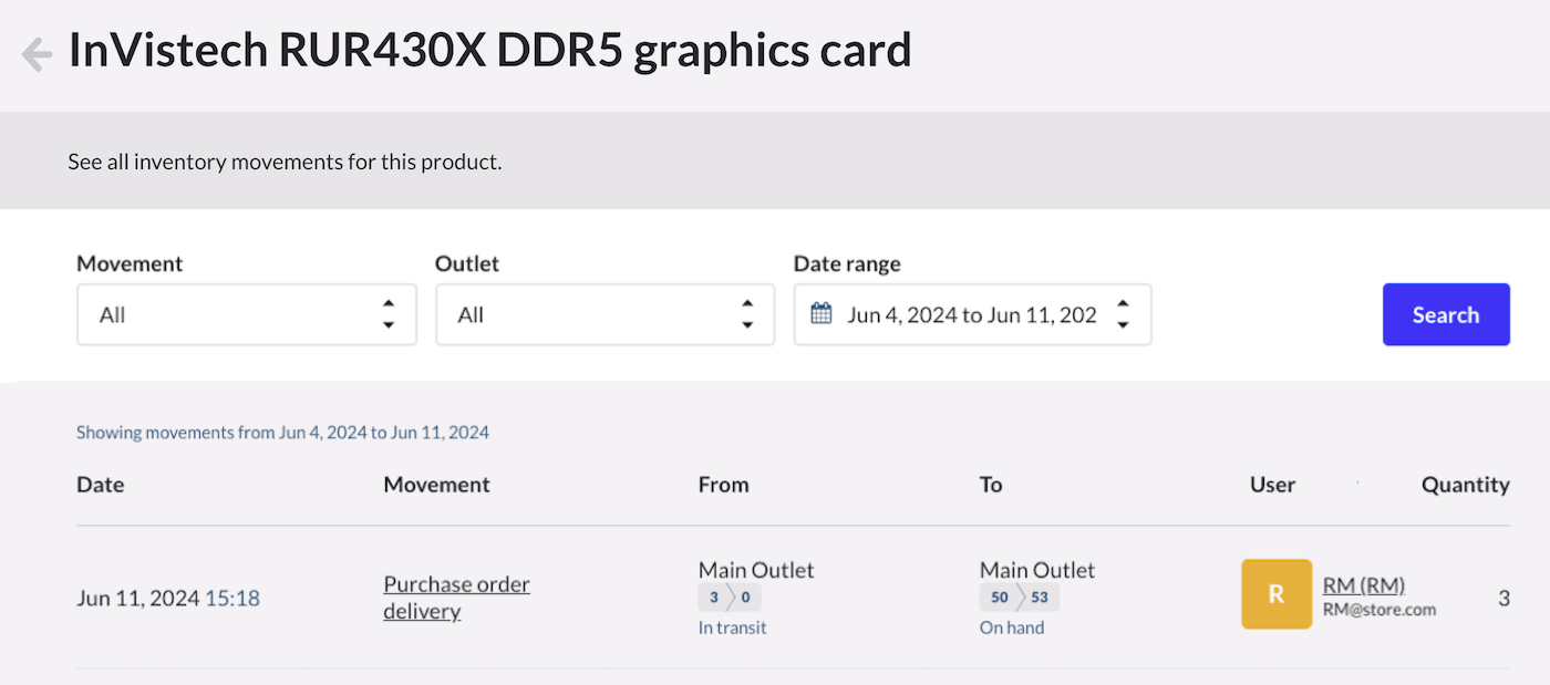 Pagina Voorraadverplaatsingen voor aangepast product.