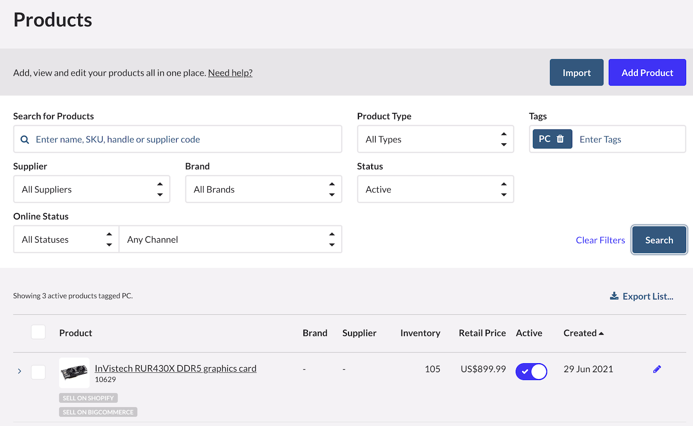 Productpagina met filters en individuele producten.