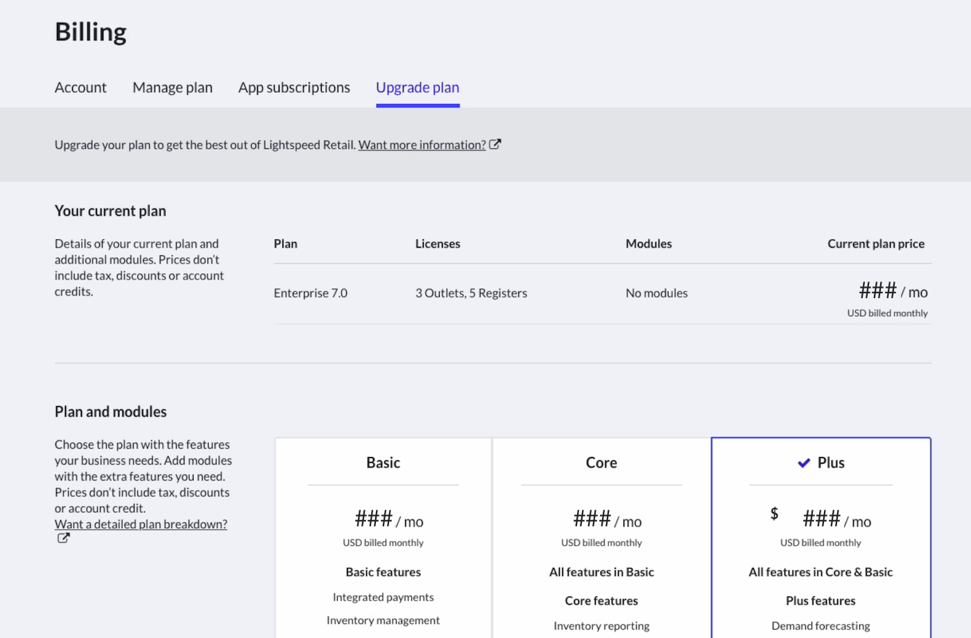 Upgrade plan tab.