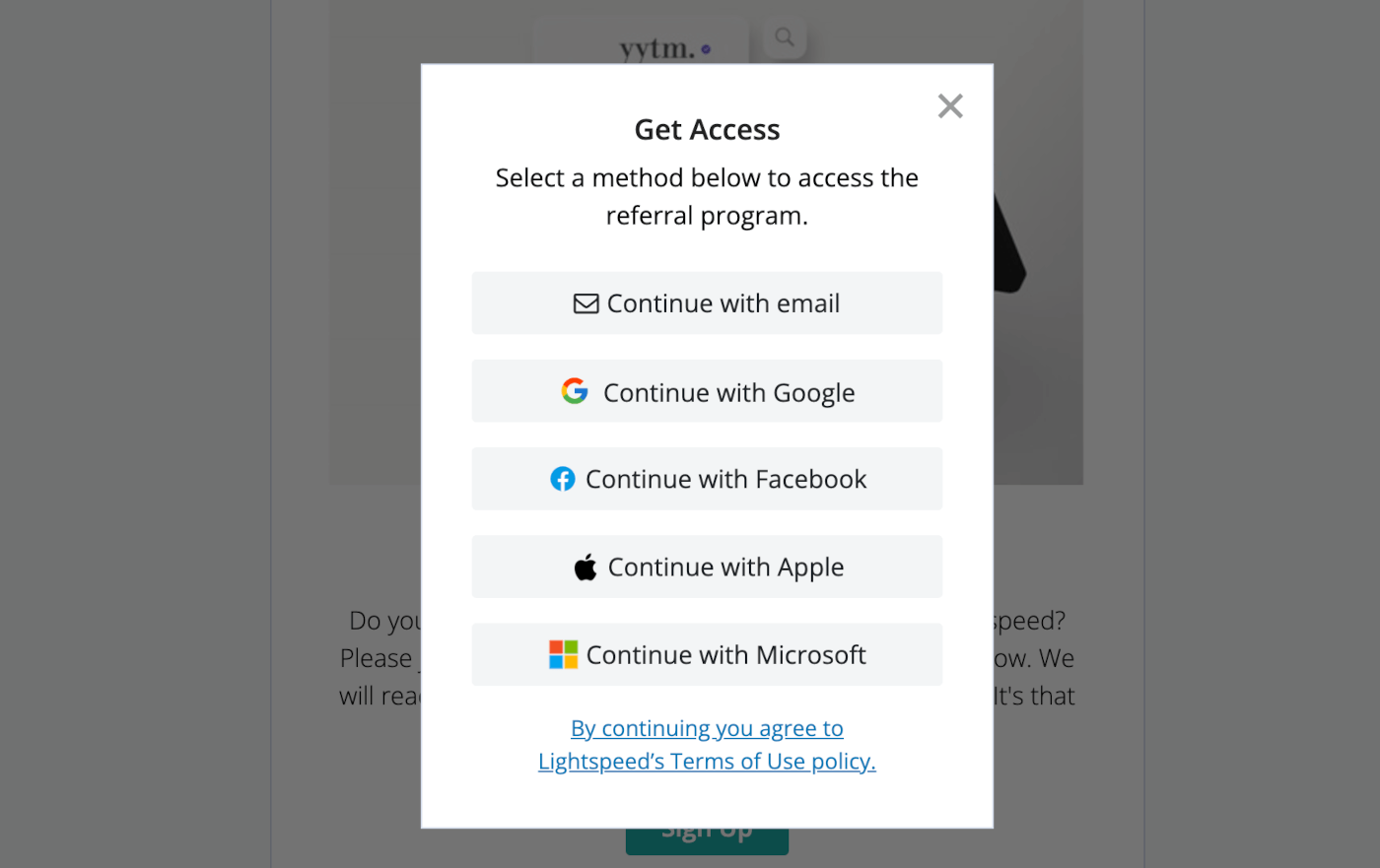 Fenêtre contextuelle montrant différentes méthodes d’inscription (courriel, Gmail, Facebook, Apple et Microsoft)