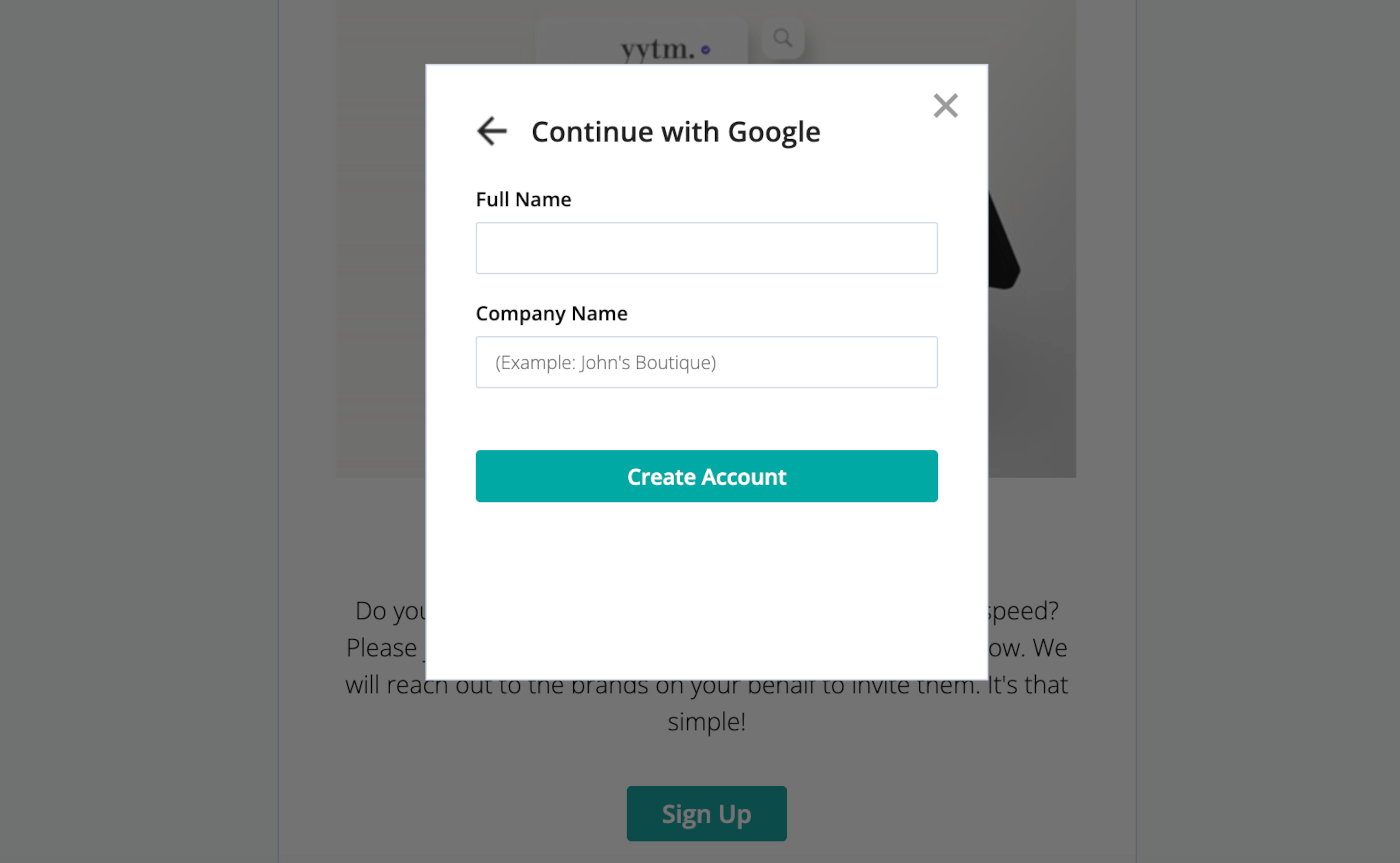 Fenêtre contextuelle contenant des champs pour saisir le nom complet et le nom de l’entreprise